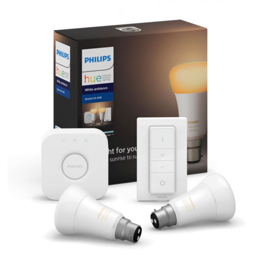 song rim Can withstand PHILIPS HUE WHITE AMB 9W A60 B22 STARTER KIT - Smart Light